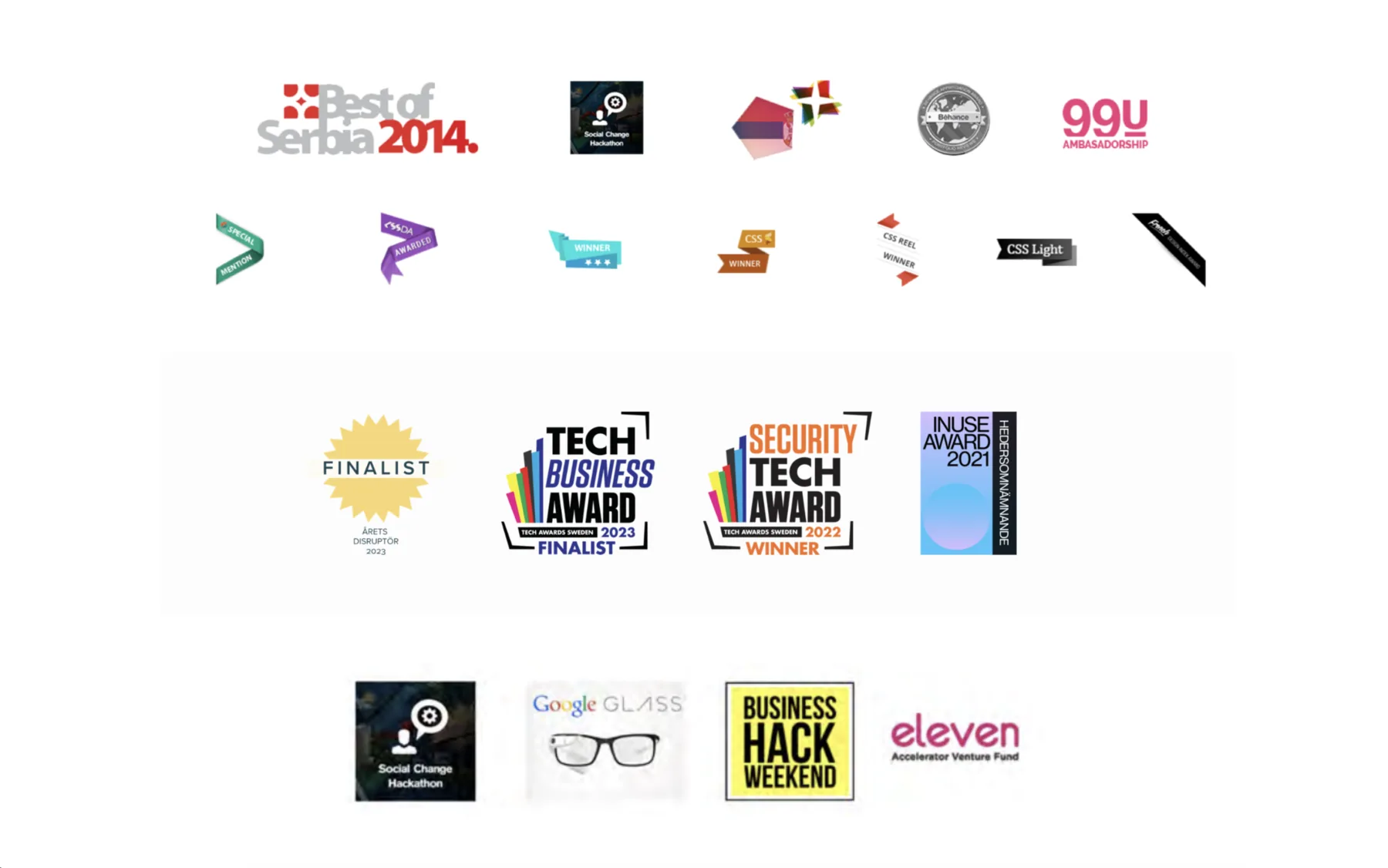 Award and recognition marks earned across Nenad Ivanovic's product, UX, technology, film, and community work